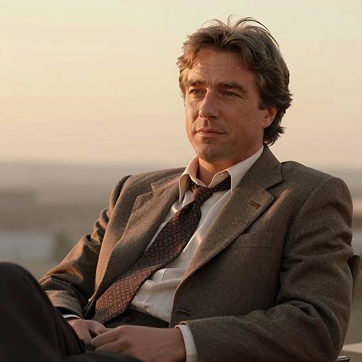 Photograph of a middle-aged man with light brown hair, wearing a brown suit, white shirt, and patterned tie, sitting outdoors at sunset.