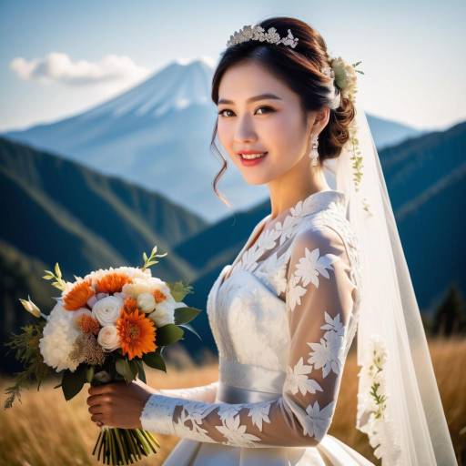 Joyful Japanese Bride in Mountain Scenery