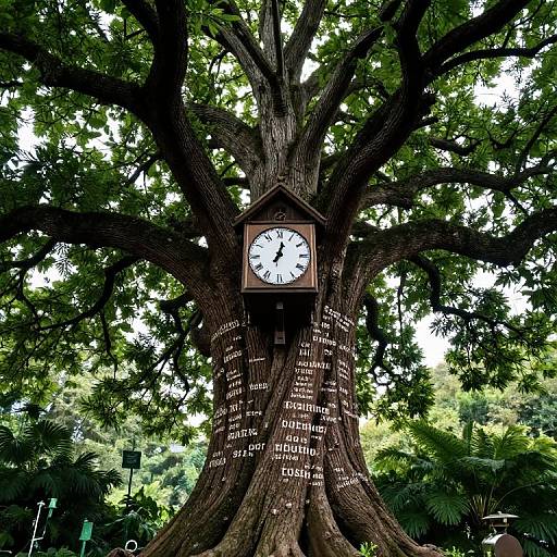 Photograph of a large tree trunk with a clock at its center, adorned with white names on the bark, surrounded by lush green foliage. Bright daylight
