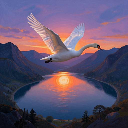 Photograph of a white swan with outstretched wings flying over a reflective lake at sunset, surrounded by mountainous terrain and vibrant, colorful sky