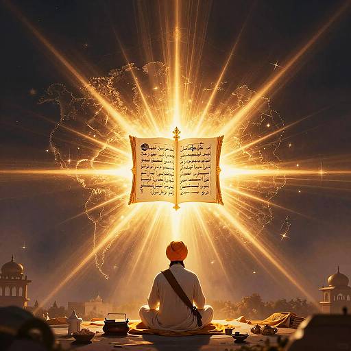 Photograph of a man with orange turban, seated cross-legged, gazing at an illuminated, radiant holy book against a night sky.