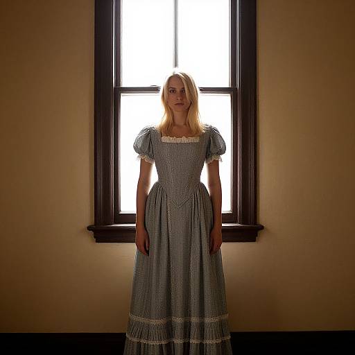 Photograph of a blonde woman in a blue, pinstriped Victorian dress standing in front of a brightly lit window, casting a shadow on a