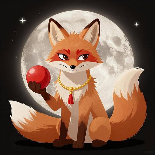 Anthropomorphic Fox with Red Orb and Full Moon