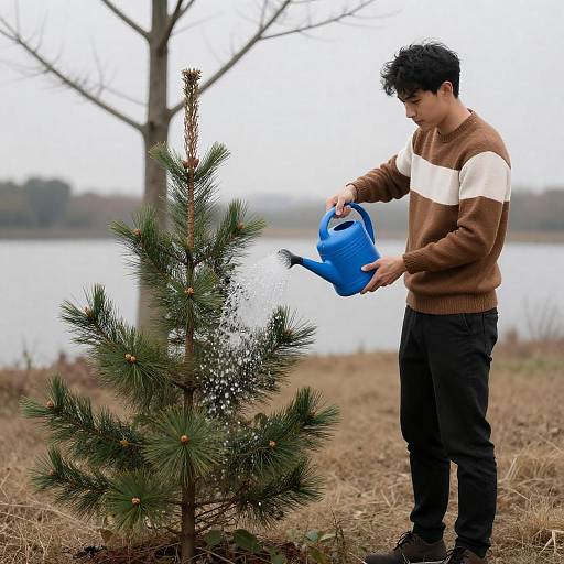 Watering a Pine Tree by the Lake