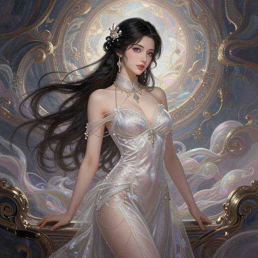 Digital painting of a beautiful, ethereal Asian woman with long black hair, wearing a sheer, silver, ornate dress, standing against a swirling,
