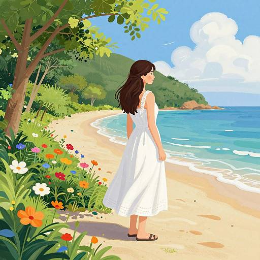 Serene Seaside Woman in White Dress