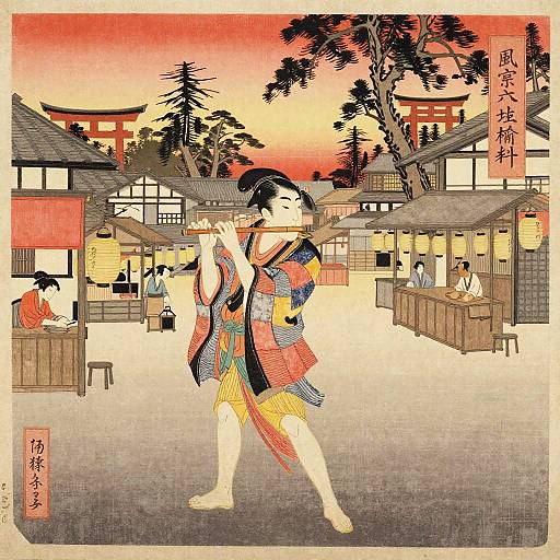 Traditional Japanese woodblock print of a samurai woman playing a shamisen in a village market, sunset background, colorful kimono, red sky.