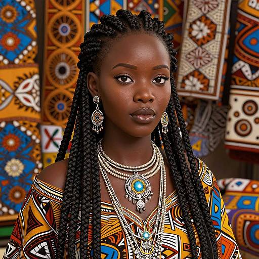 Photograph of a dark-skinned woman with long braids, wearing colorful traditional African attire and intricate jewelry, set against a vibrant, patterned backdrop
