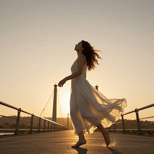 Silhouetted woman in flowing white dress walks on bridge at sunset, hair blowing, backlit by golden sky, sun low on horizon.