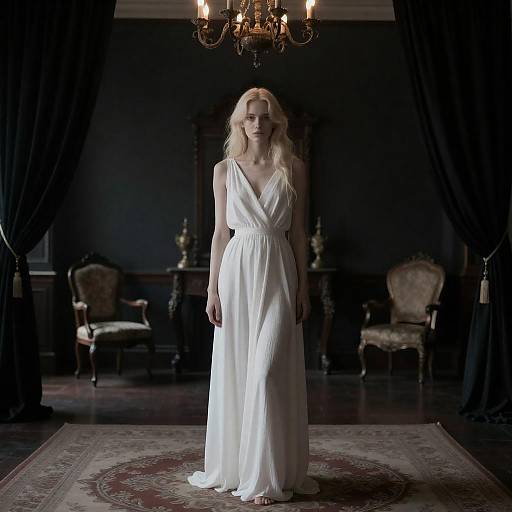 Mysterious Pale Woman in Dim Room