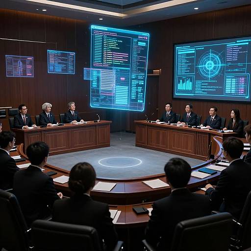 High-tech boardroom with eight suited men seated around a circular table, surrounded by large digital screens displaying blue and white data. Photographic image.