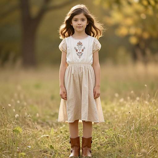Young girl with wavy brown hair, wearing a white lace dress and brown boots, stands in a sunlit, grassy field. Photograph.