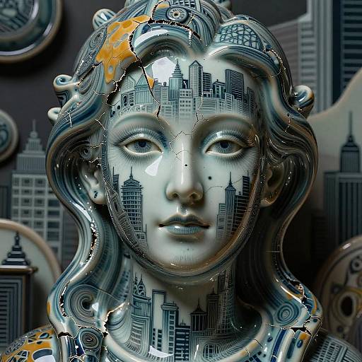 Cracked Porcelain Cityscape Neo-Noir Portrait