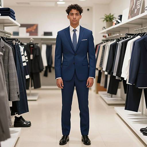 Photograph of a young man with curly hair, wearing a blue suit, white shirt, and patterned tie, standing in a brightly lit menswear