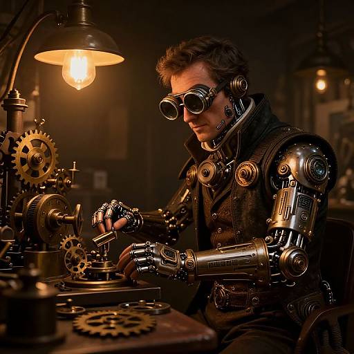 Photograph of a steampunk inventor with metallic arm and goggles, working under a glowing lamp, surrounded by gears and machinery.