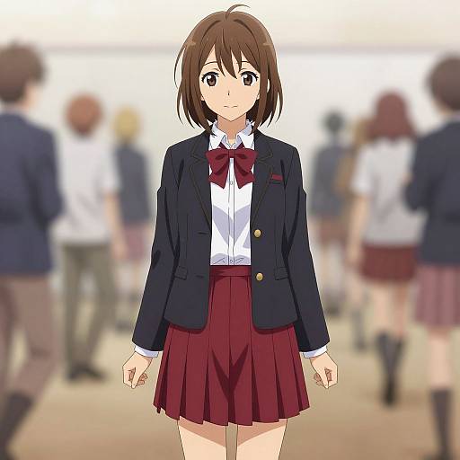 Anime-style drawing of a brown-haired girl in a black blazer, white shirt, red bowtie, and maroon skirt, standing in a blurred