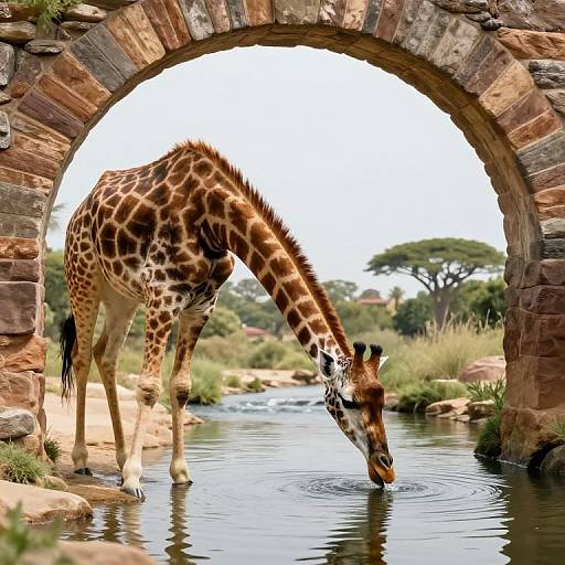 Photograph of a giraffe with a brown and white patterned coat, drinking from a calm stream under a brick archway in a lush, sunny