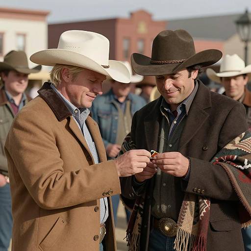 Cowboy Duo Examining a Mysterious Object