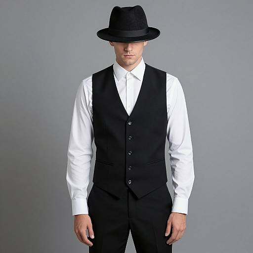 Photograph of a man in a black vest, white dress shirt, black pants, and black fedora hat, standing against a plain gray background.