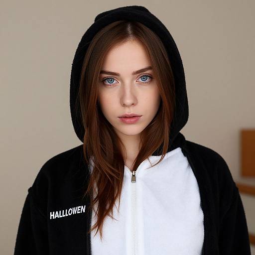 Photorealistic digital portrait of a young woman with blue eyes, wearing a black hoodie with 