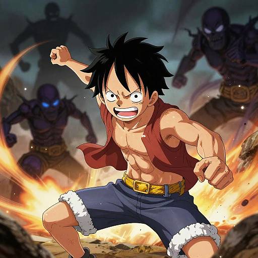 Digital anime artwork of a muscular, black-haired boy with a red vest and blue shorts, fighting fierce shadowy warriors amidst flames.