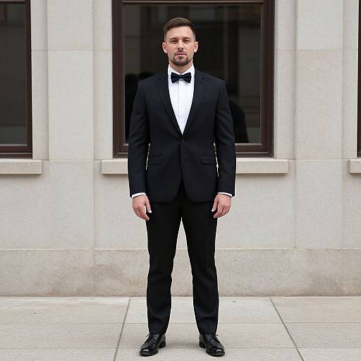 Photograph of a handsome, clean-shaven man in a black tuxedo with a white shirt and black bow tie, standing confidently on a city