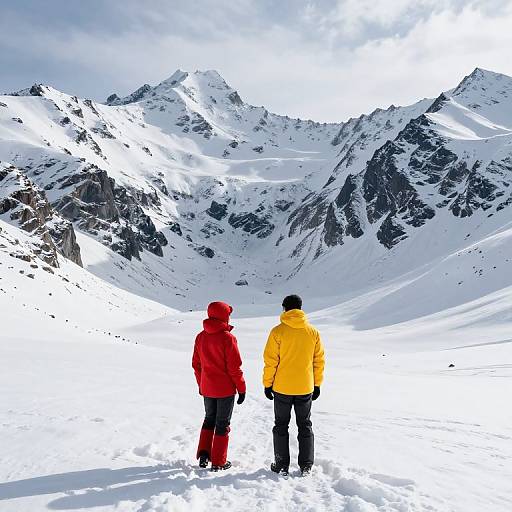 Photograph of two hikers, one in red and one in yellow, standing on snowy mountain slope, facing towering, sunlit, jagged peaks