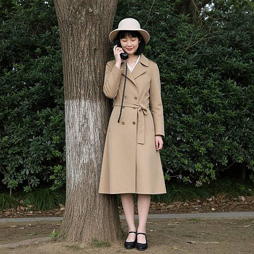 Photograph of an Asian woman in a beige trench coat and white hat, standing against a tree, talking on a phone. She wears black Mary Jane