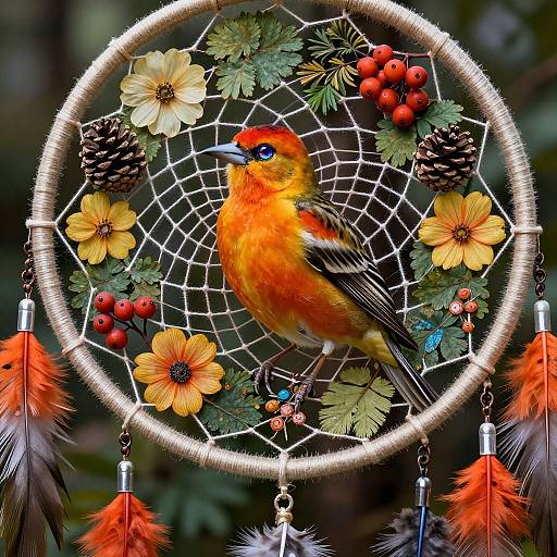Vibrant photograph of a colorful bird with red, yellow, and black feathers perched in a detailed dreamcatcher adorned with flowers, berries,