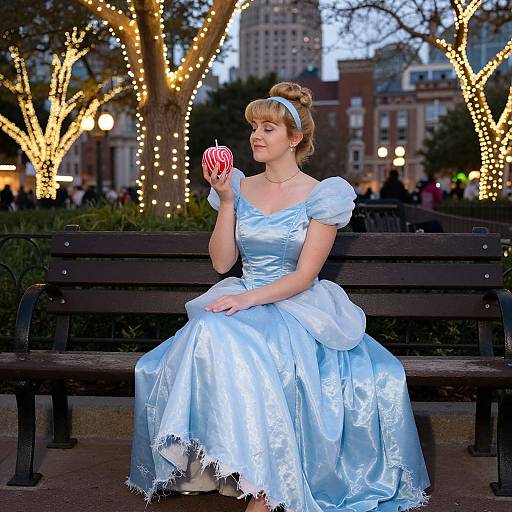 Photograph of a blonde woman in a blue satin Cinderella dress, holding a red and white candy cane, sitting on a black bench in a festive