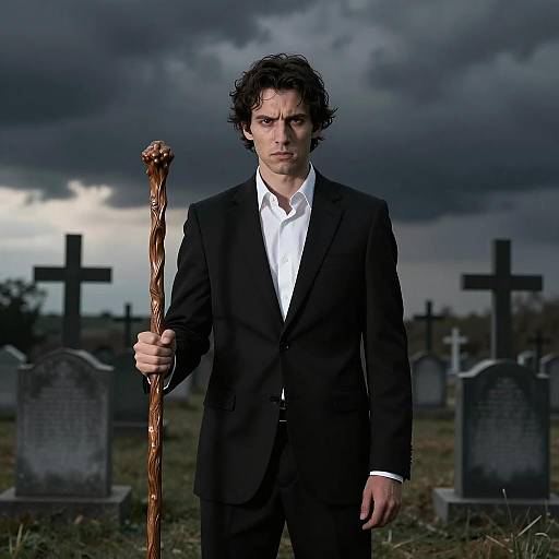 Man in Black Suit Holding Wooden Staff in Graveyard