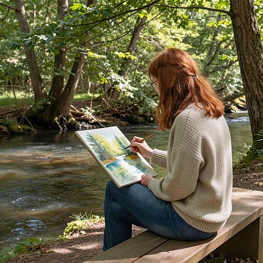 Photograph of a red-haired woman in a white sweater, sitting on a wooden bench by a flowing forest stream, reading a colorful book. Sunlight
