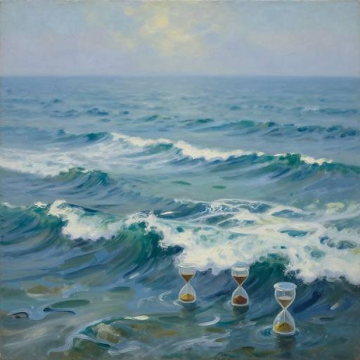 Impressionistic painting of ocean waves with two hourglasses on the shore, depicting time passing amid the relentless sea. Blue and white hues dominate.