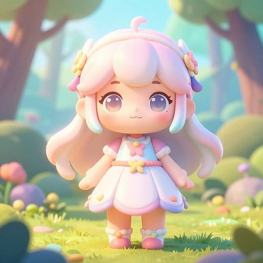 Cute chibi-style digital drawing of a pink-haired girl in a white dress, standing in a sunlit, colorful forest with blurred trees and flowers