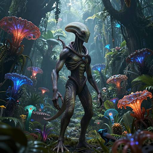 AI Alien Exploring Bioluminescent Jungle