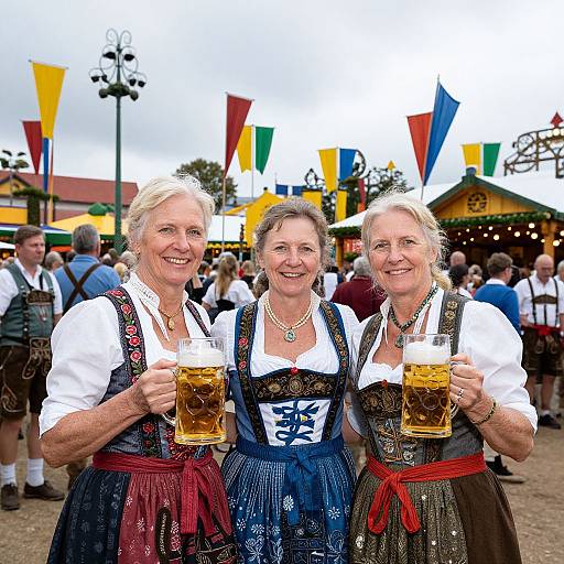 Three smiling elderly women in traditional Bavarian dirndls, holding beer mugs, stand at an outdoor Oktoberfest festival with colorful flags.