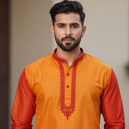 Photograph of a bearded South Asian man with dark hair and brown eyes, wearing an orange and red traditional Punjabi kurta. Blurred beige