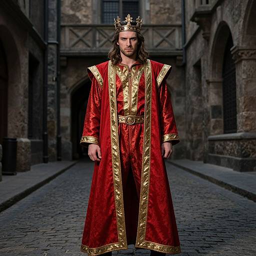 Photograph of a long-haired man with a beard, wearing a red and gold royal robe, gold crown, standing in a medieval stone courtyard.