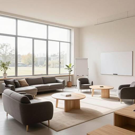 Modern living room photograph: gray sofas, wooden coffee table, black armchairs, large windows, whiteboard, potted plant, minimalist decor.