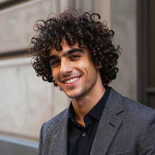 Photograph of a smiling young man with curly black hair, olive skin, wearing a black shirt and gray blazer, standing against a blurred urban background