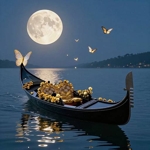 Photograph of a glowing gondola filled with yellow flowers, adorned with butterflies, floating on a moonlit blue lake with butterflies flying overhead.
