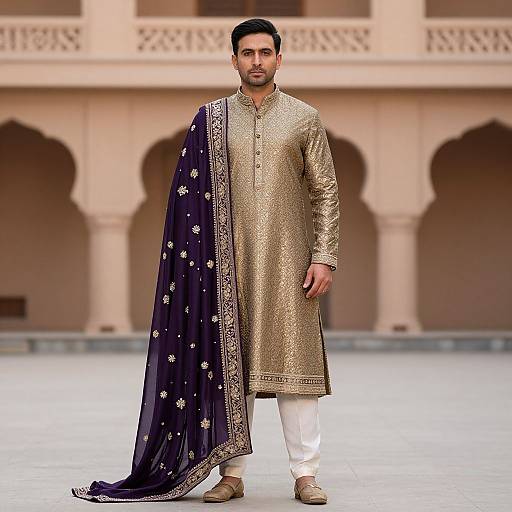 Photograph of a handsome South Asian man in a gold embroidered kurta, white pants, and navy blue dupatta with white patterns, standing in an