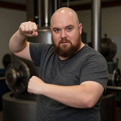 Photograph of a bald, bearded, muscular man in a black t-shirt, flexing his right bicep in a gym with weightlifting