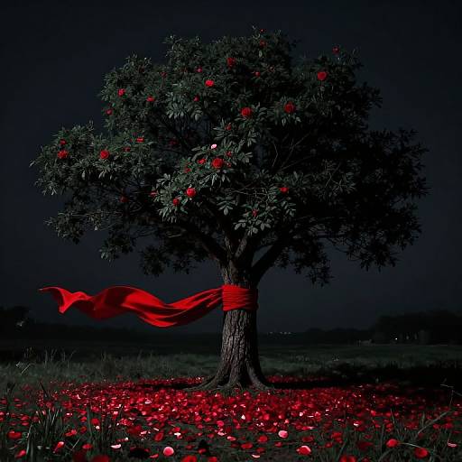 Photograph of a dark tree with red apples, wrapped in a flowing red ribbon, standing in a field of scattered red flowers under a dark, night