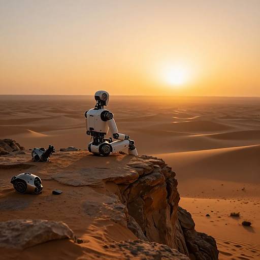 Robot Reflecting on Rocky Desert Cliff