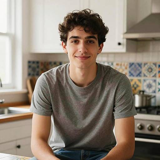 Photograph of a young man with curly black hair, light skin, and brown eyes, smiling in a brightly lit kitchen. Wearing a gray t