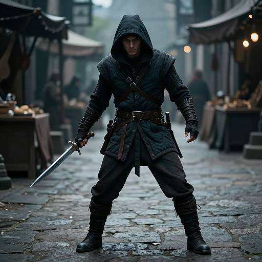 Photograph of a hooded, dark-clad male warrior with a sword, standing on a misty, cobblestone street in a medieval market