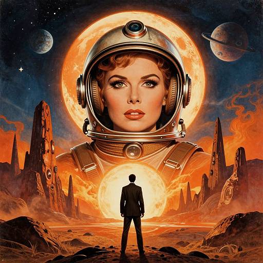 Digital artwork of a woman in a space helmet, glowing orange background, large sun, silhouetted man, rocky alien landscape, planets.