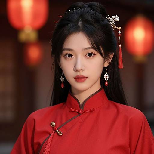 Photograph of an Asian woman with long black hair, wearing a red traditional Chinese cheongsam, red earrings, and hairpin, against a blurred