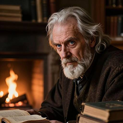 Photograph of an intense elderly man with white hair and beard, reading by a warm, glowing fireplace in a dimly lit library.